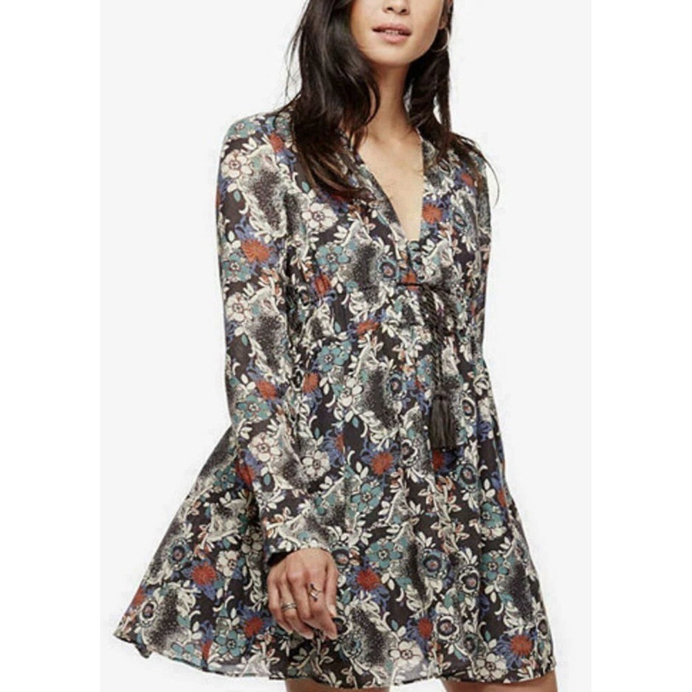 Free People Stealing Fire Boho Floral Long Sleeve Deep V-Neck Dress Size Large